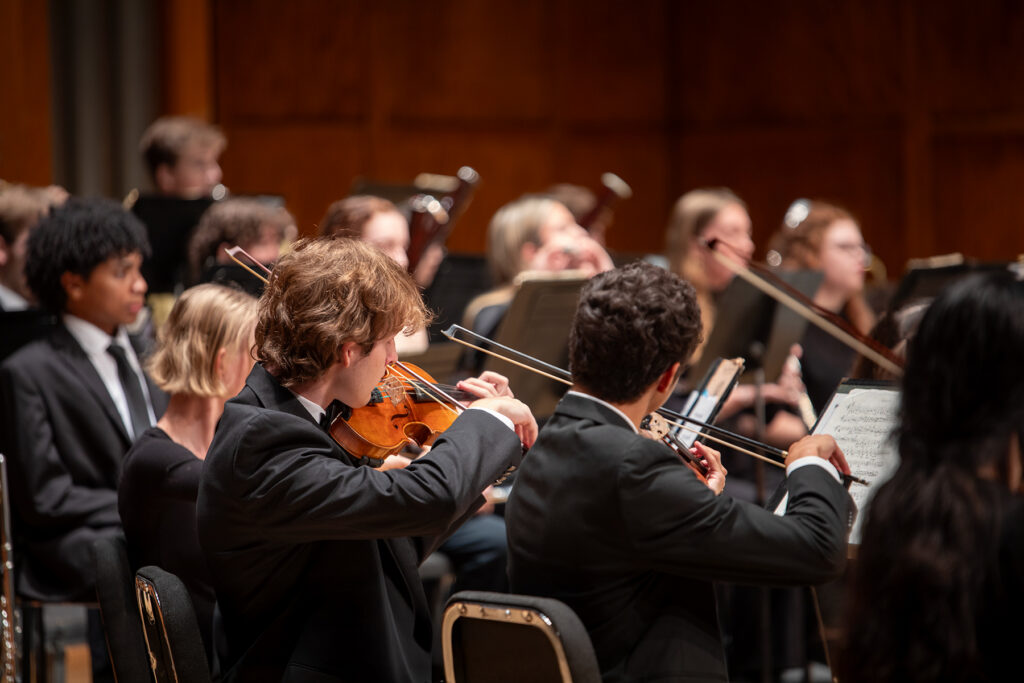 Violinists performing in the University Philharmonia, as seen from behind