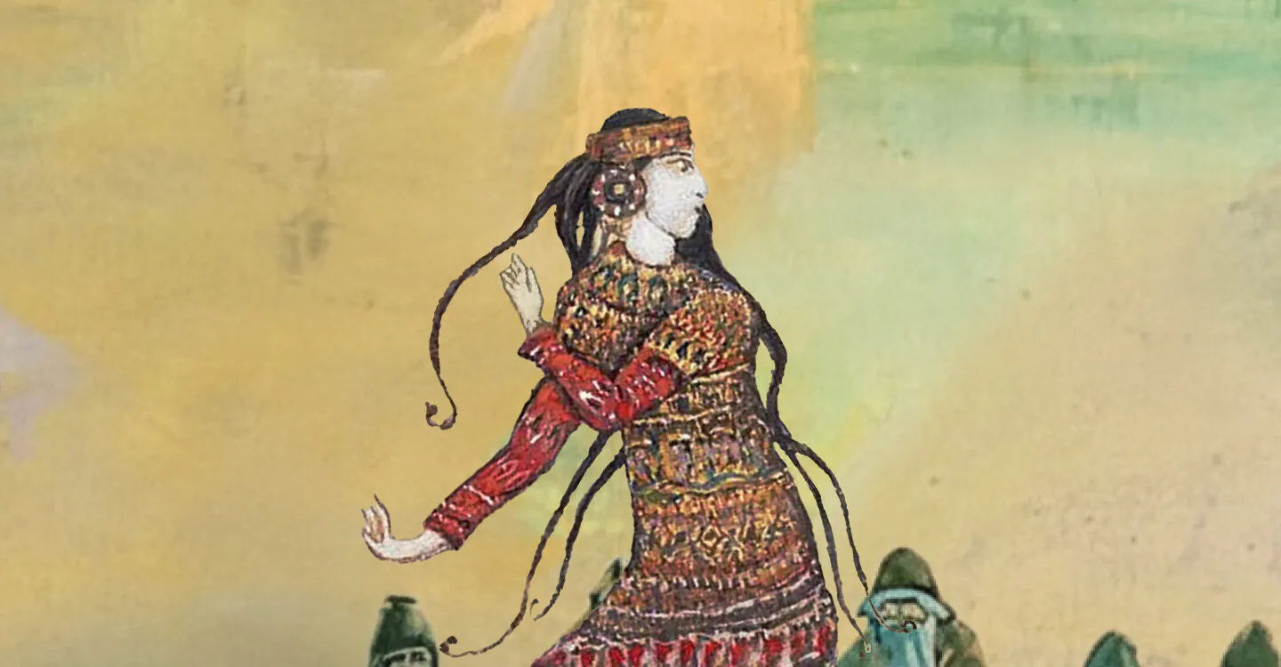 Woman in traditional costume on a hill at sunrise