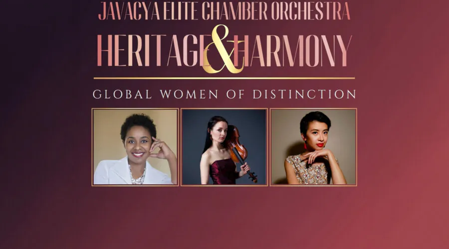 Framed headshots of three women on a dark red background. Text: Javacya Elite Chamber Orchestra Heritage and Harmony Global Women of Distinction.