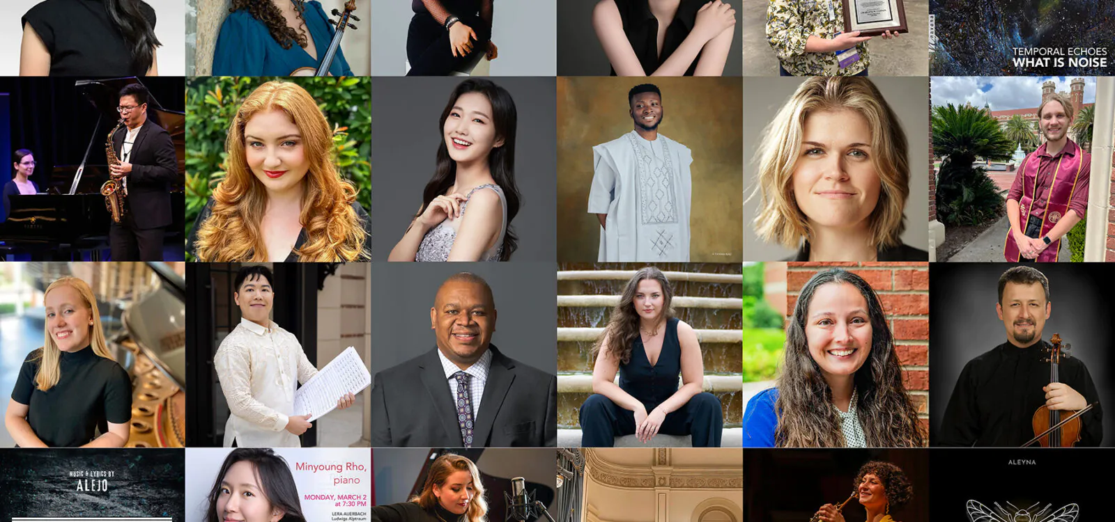 6x4 grid of headshots and album covers