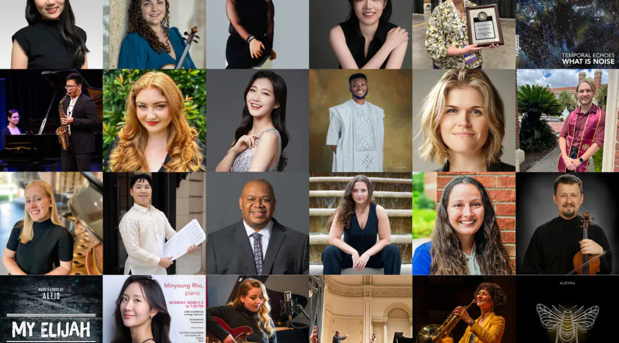 6x4 grid of headshots and album covers