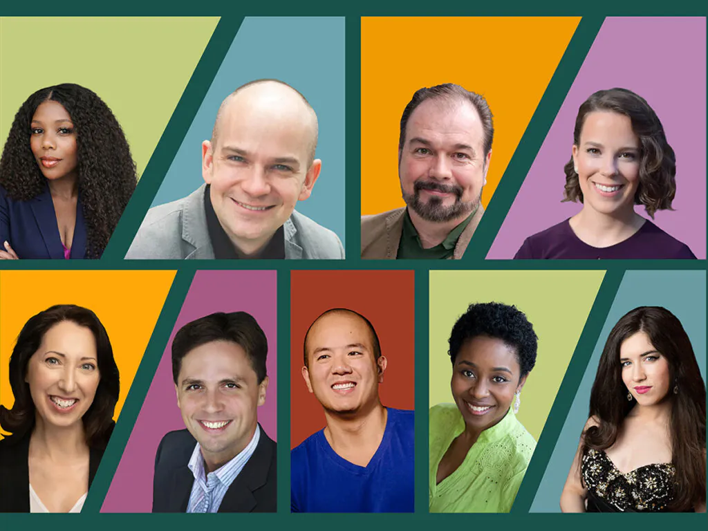 headshots of several men and women pieced together as a mosaic