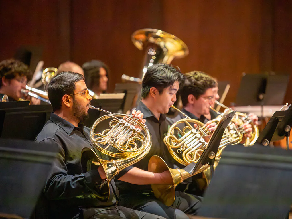 Several young men playing French horn in a concert