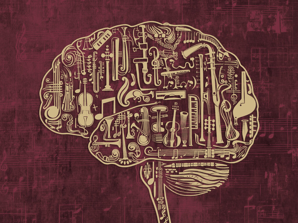 icons representing musical instruments and notation within the outline of a human brain