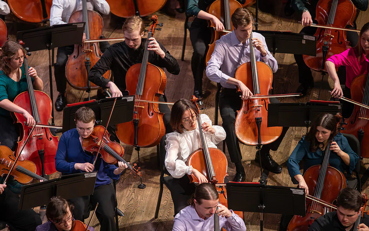 overhead view of orchestra string section