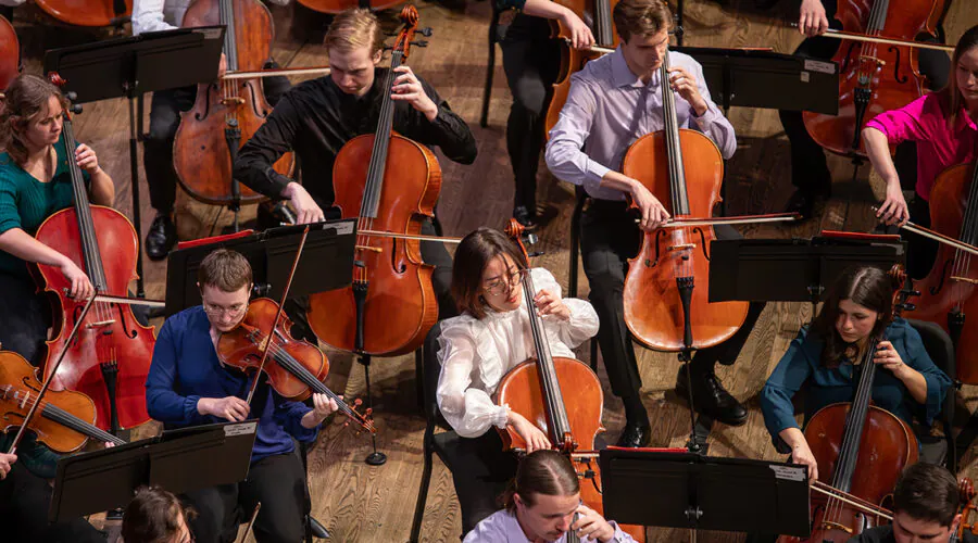 overhead view of orchestra string section