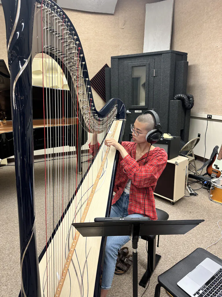 Woman playing harp in recording studio