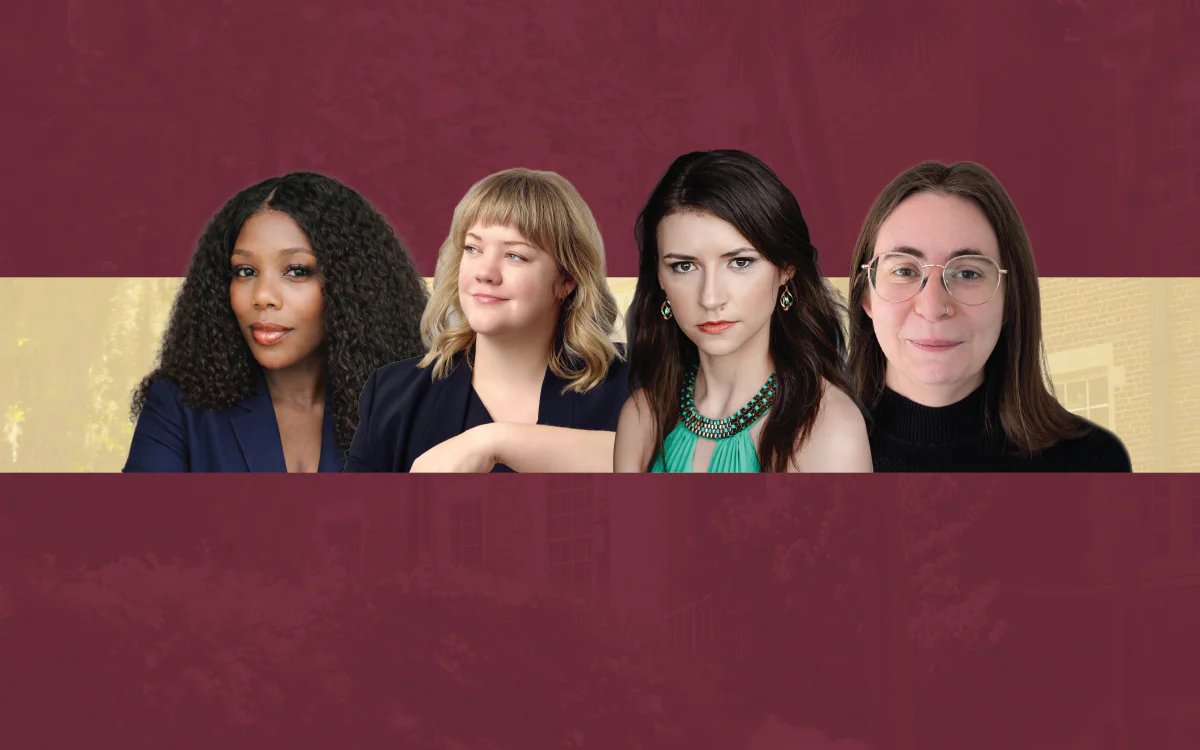 Headshots of four women collaged on a garnet and gold background