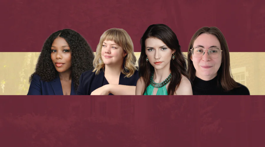 Headshots of four women collaged on a garnet and gold background