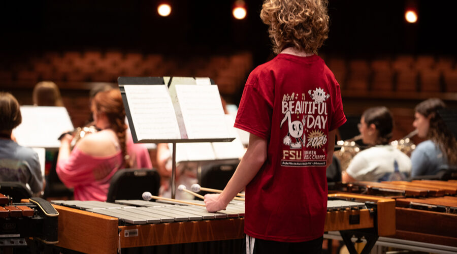 Young percussionist seen from behind during band rehearsal on stage