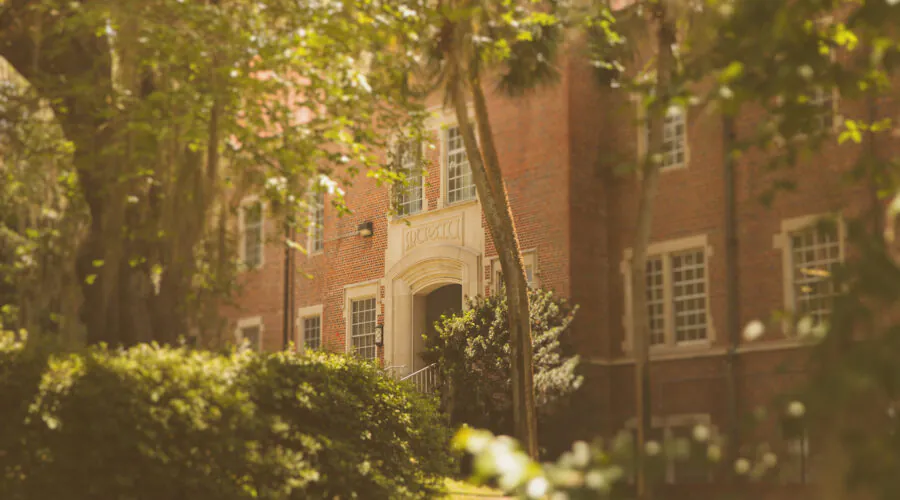 Brick building and trees seen through a golden haze