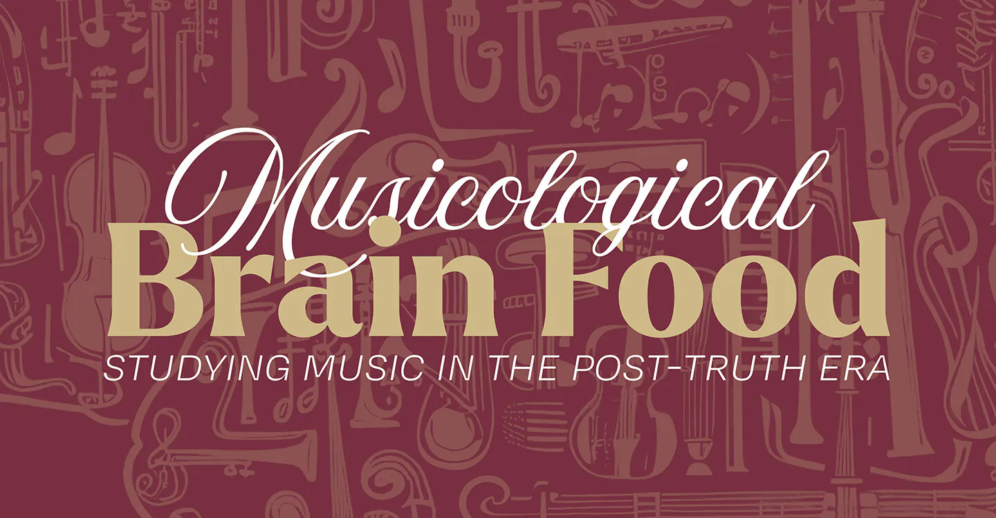 Graphic depicting a pale gold brain made out of musical instruments and symbols on a garnet background with event title on top