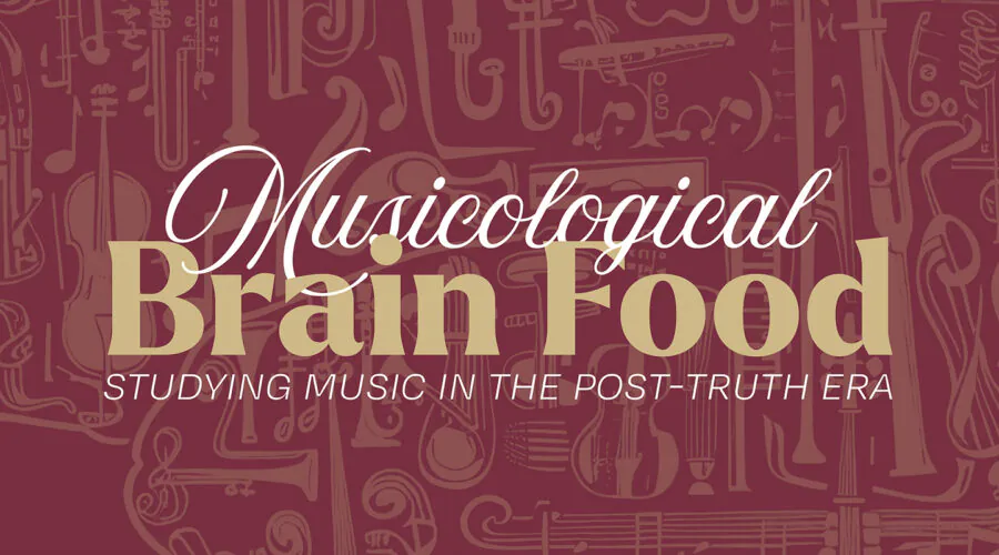 Graphic depicting a pale gold brain made out of musical instruments and symbols on a garnet background with event title on top