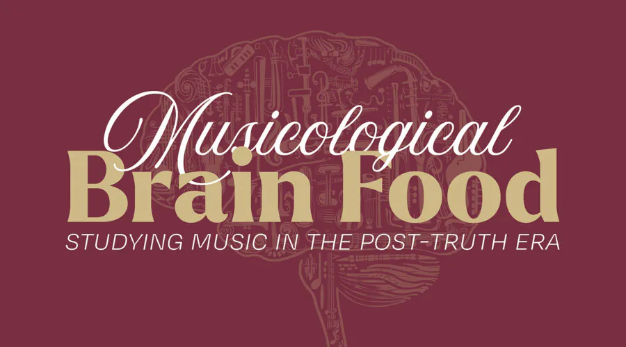 Graphic depicting a pale gold brain made out of musical instruments and symbols on a garnet background with event title on top
